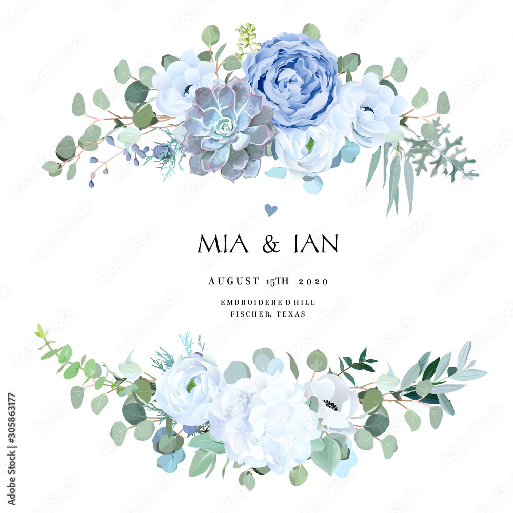 Dusty blue rose, echeveria succulent, white hydrangea, ranunculus, anemone