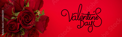 Valentine s day text with rose bouquet on red banner background