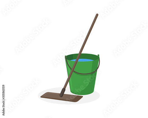Mop and green bucket with water vector illustration. Wet cleaning service equipment isolated flat icon