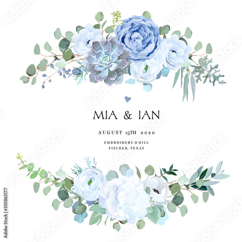 Dusty blue rose, echeveria succulent, white hydrangea, ranunculus, anemone