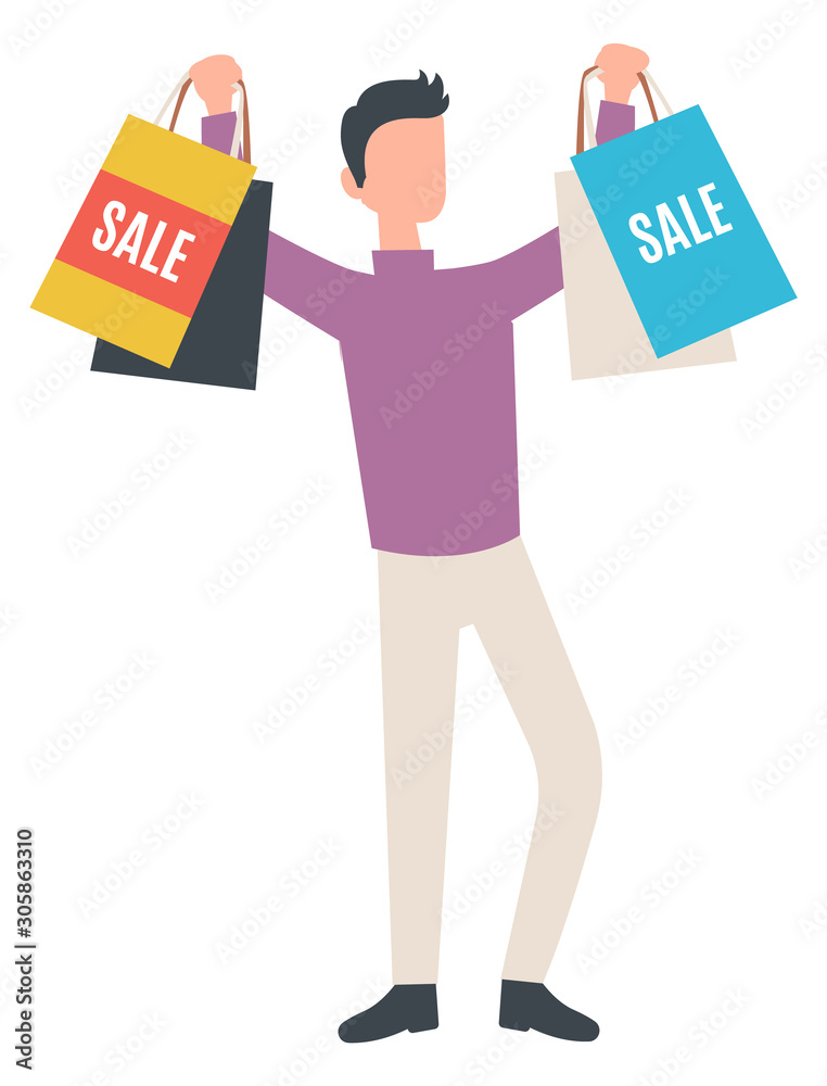 Young man with colorful paper bags. Guy with purchases isolated on white background. Shopping on sales. Big discounts on old collection. Vector illustration Young man with colorful paper bags. Guy with purchases isolated on white background. Shopping on sales. Big discounts on old collection. Vector illustration