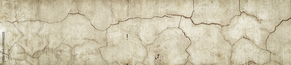 Fototapeta premium Old Wall with Moldy Peeling White Painting from Humidity. Cracked White Wall as Rusty Concrete Weathered Wall Grunge Background or Abstract Backdrop Wallpaper Vintage Texture Design Copy Space Text