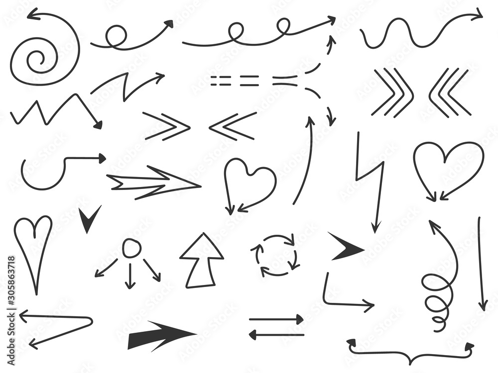 Isolated vector hand drawn simple arrows set on a white background. Pencil and pan sketch abstract doodle symbols. Vector illustration graphic elements.