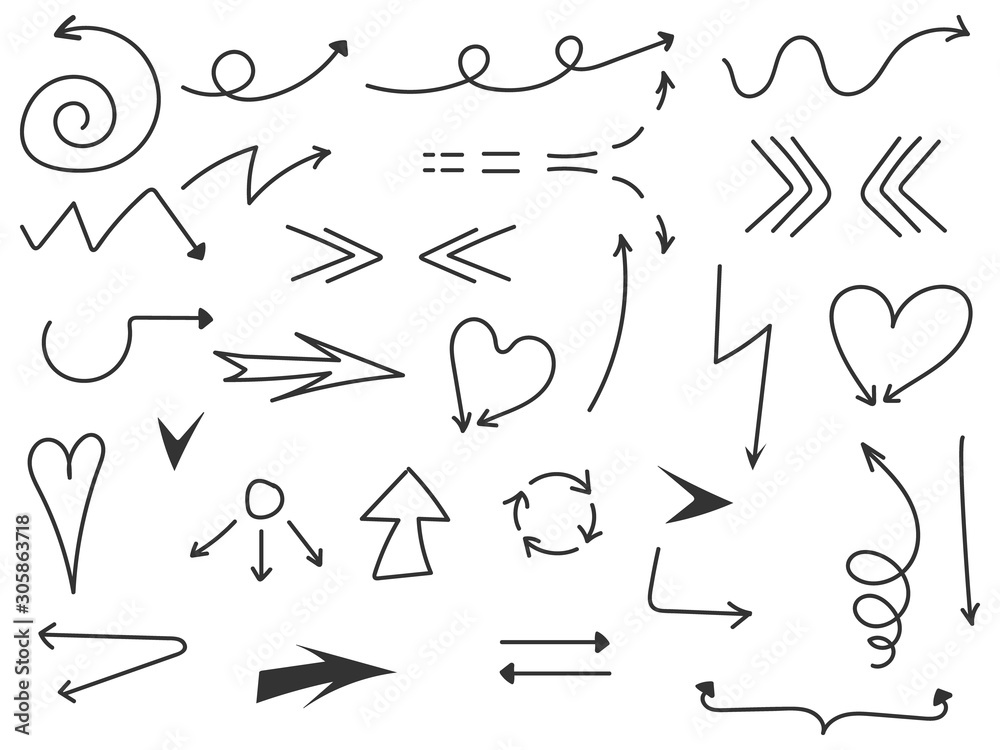 Isolated vector hand drawn simple arrows set on a white background. Pencil and pan sketch abstract doodle symbols. Vector illustration graphic elements. Isolated vector hand drawn simple arrows set on a white background. Pencil and pan sketch abstract doodle symbols. Vector illustration graphic elements.