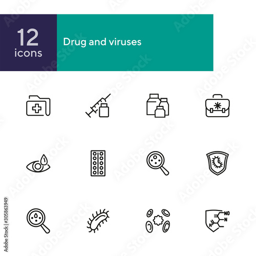 Drug and viruses icons. Set of line icons on white background. Syringe, bacteria, structure. Biology concept. Vector illustration can be used for healthcare, investigation
