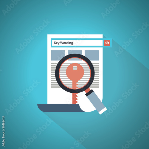 Keywording, SEO keywording process, keyword research, keywords optimization flat vector illustration design.
