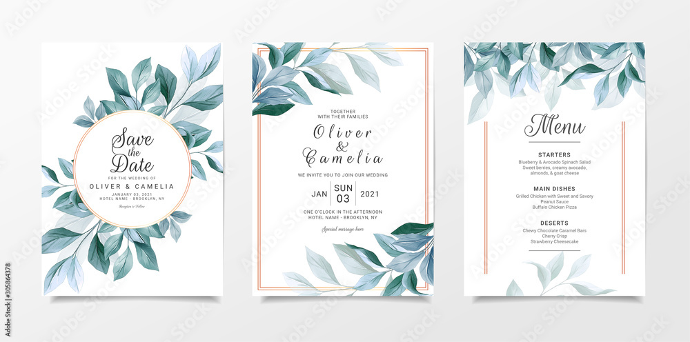 Navy leaves wedding invitation card template set with menu. Botanic  illustration for background, save the date, invitation, greeting card,  poster Stock Vector | Adobe Stock