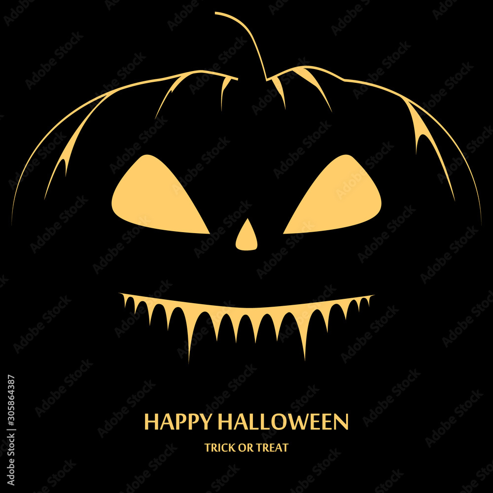 Fototapeta premium Happy Halloween background. Black pumpkin with silhouette and sparkle on a black background. Vector illustration.