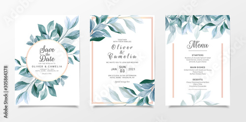 Navy leaves wedding invitation card template set with menu. Botanic illustration for background, save the date, invitation, greeting card, poster