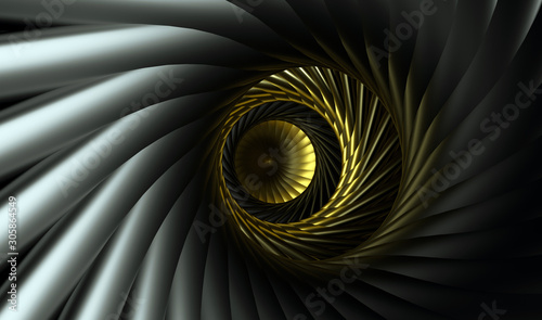 3d render of abstract tunnel inside aircraft turbine engine in gold and black metal materials