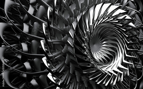 3d render of abstract aircraft turbine engine with super sharp blades in steel material photo