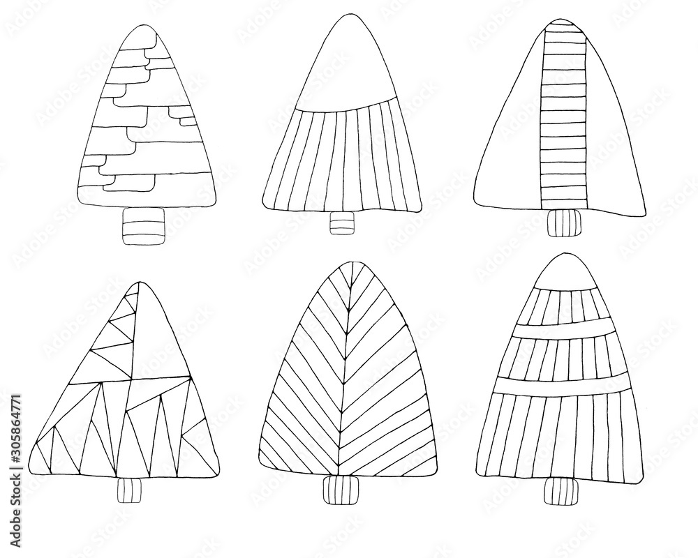 Set of Christmas trees drawn by hand. For coloring, cover design, fabric, things, textiles, decoupage, poster