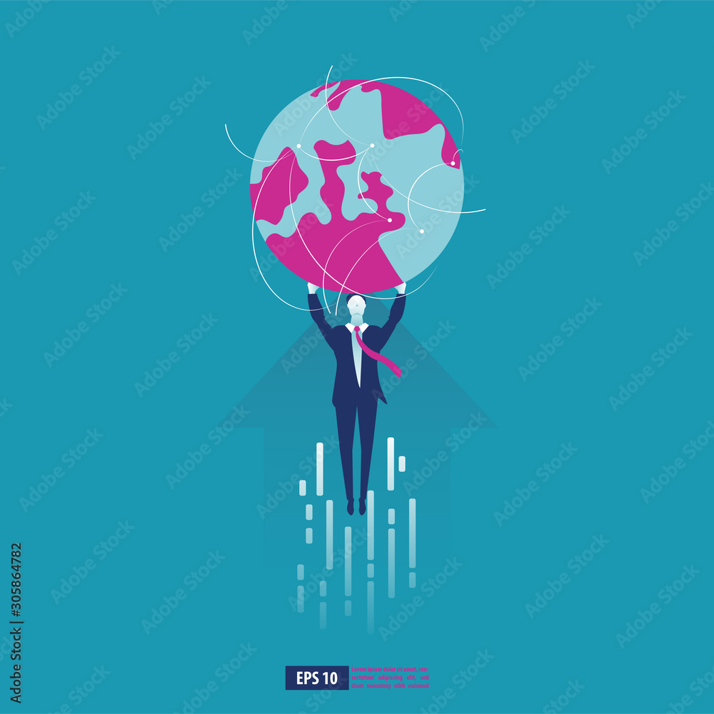 Business man flying holding world globe with arrow success concept. Business vector illustration Business man flying holding world globe with arrow success concept. Business vector illustration