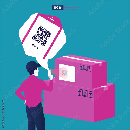 Worker is doing a QR scan on the stack of boxes. Business vector illustration