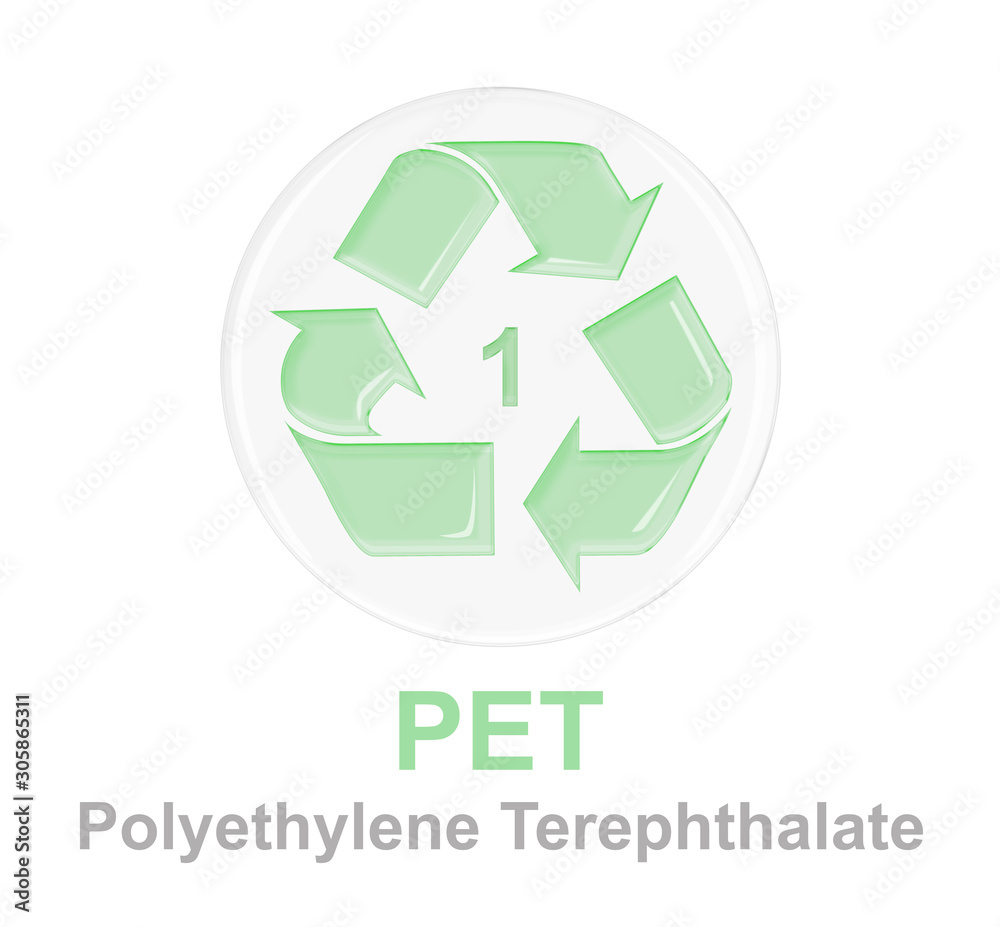 plastic recycle symbol with green glossy glass on transparent round