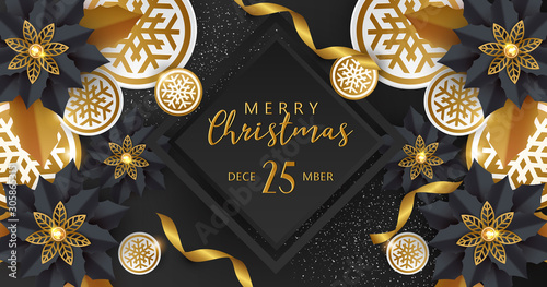 Merry Christmas with Paper Flower and golden ornaments.