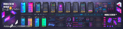 Different UI, UX, GUI mobile screens modern infographic. Diagram template and chart graph. Flat web icons for mobile apps, responsive website including. Web design and mobile template. Stock vector