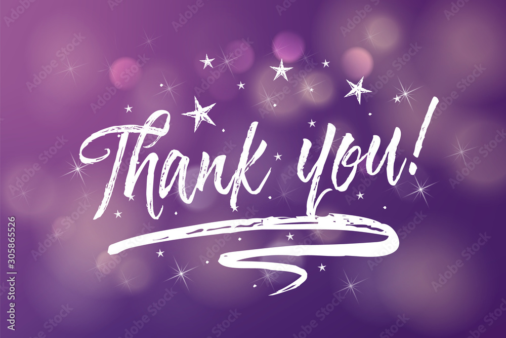 Thank you card with glowing fireworks stars on blurred purple ultra