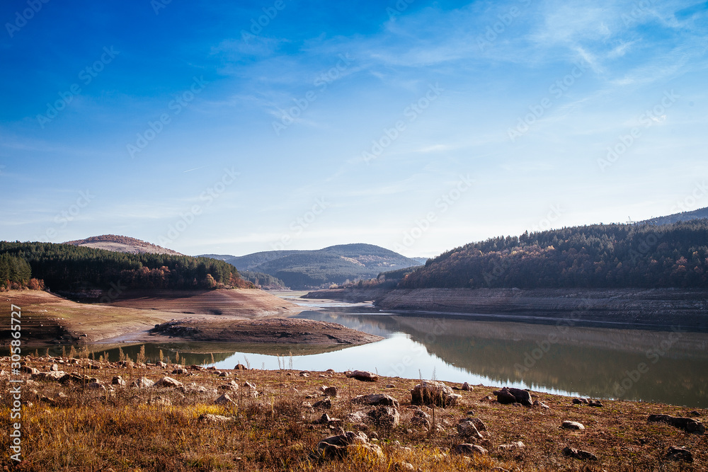 The bottom of the empty Studena dam near Pernik, Bulgaria. Hot weather and climate changes makes the dam almost empty. November 2019. Climate disaster.
