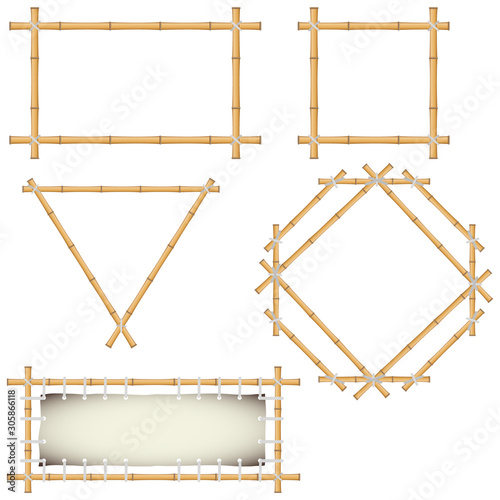Bamboo frames made of green bamboo. Pieces and leaves of bamboo. Cartoon vector illustration of bamboo.