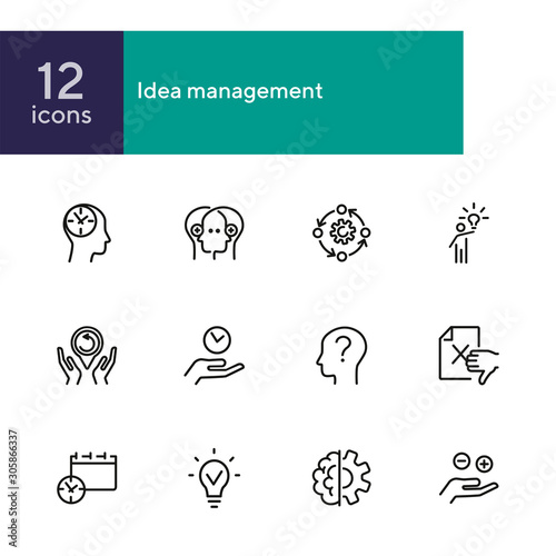 Idea management line icon set. Set of line icons on white background. Research concept. Idea, brain, person. Vector illustration can be used for topics like business, research, investment