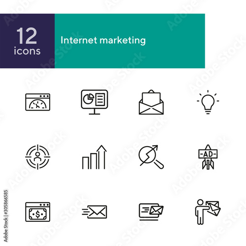 Internet marketing icon set. Line icons collection on white background. Budget, optimization, e-mail. Start-up concept. Can be used for topics like business, management, targeting
