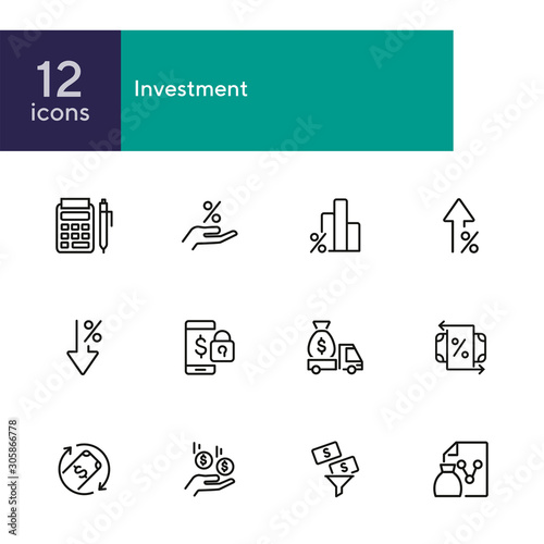 Investment line icon set. Encashment car, income, graph. Money concept. Can be used for topics like finance management, profit, banking
