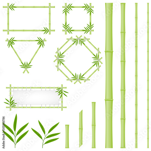 Bamboo frames made of green bamboo. Pieces and leaves of bamboo. Cartoon vector illustration of bamboo.
