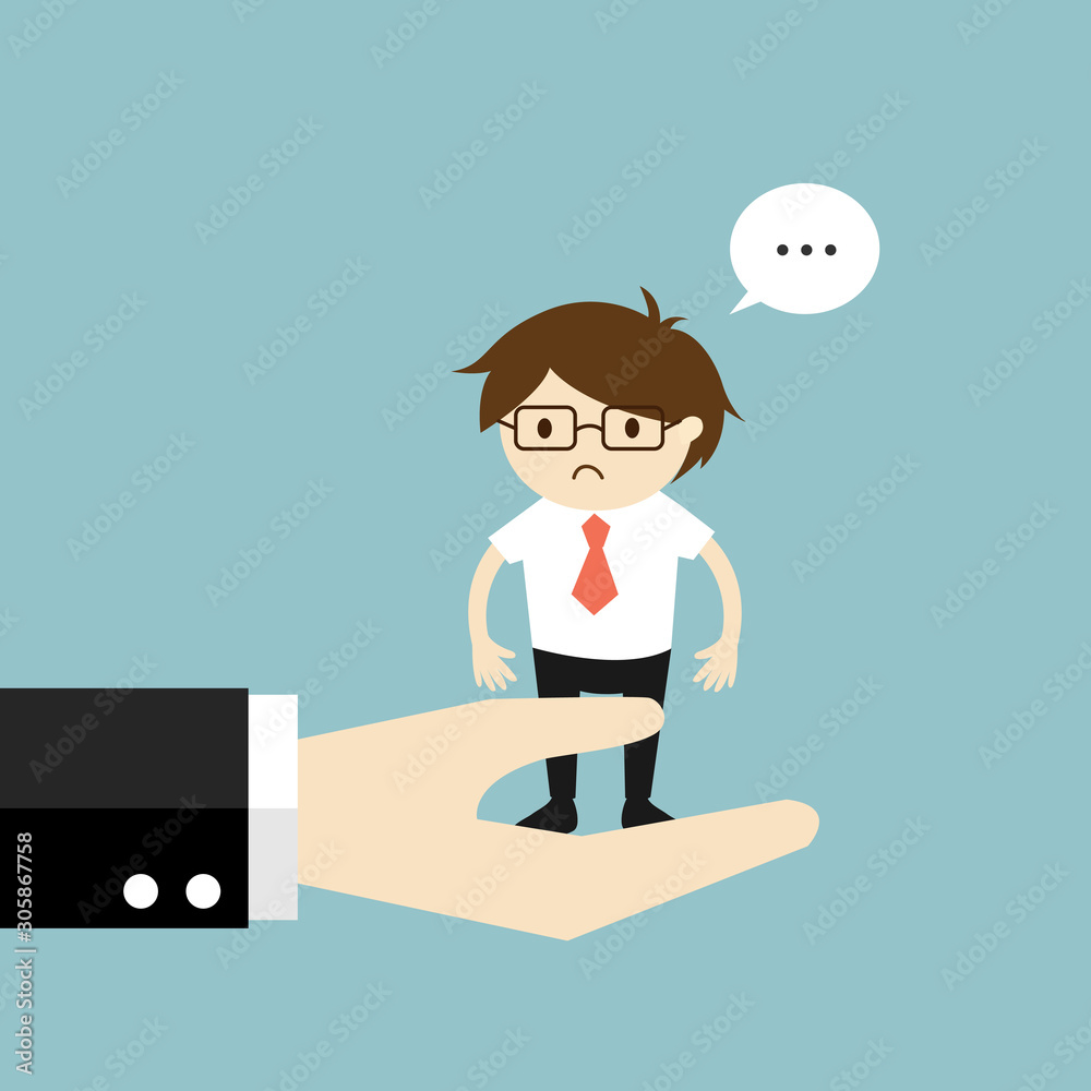 Business concept, Businessman feeling awkward while standing on the big hand. Vector illustration.