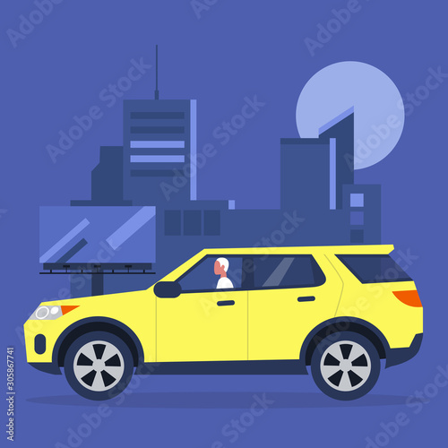 Young male character driving a SUV car in the city downtown, urban lifestyle