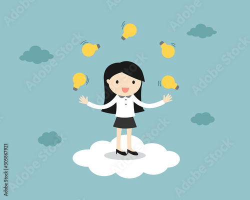 Business concept, business woman juggling many light bulbs while standing on the cloud.