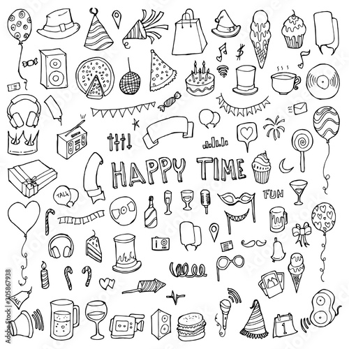 Set of Party Drawing illustration Hand drawn doodle Sketch line vector eps10