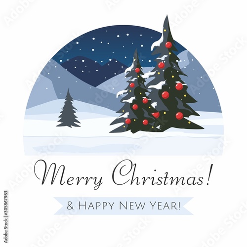 Merry Christmas and Happy New Year card. Fir tree and Mountain Winter landscape.