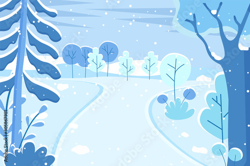 Winter landscape with snowfall and snowing weather. Blizzard in rural area, seasonal frost in woods with trees and bushes covered with snow. Empty road in abandoned park. Vector in flat style