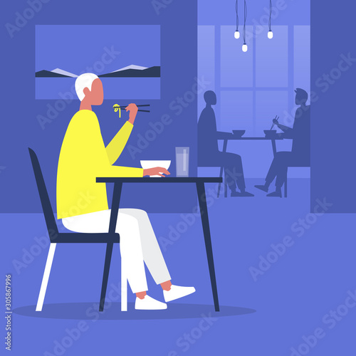 Young male character eating noodles with chopsticks inside a modern oriental restaurant, millennial lifestyle, eating out