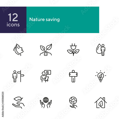 Nature saving line icon set. Set of line icons on white background. Ecology concept. Leaf, person, battery, energy. Vector illustration can be used for topics like environment, ecology