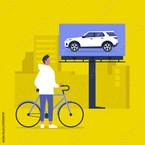 Young male character looking at the billboard with a car dealer commercial, target audience, media campaign