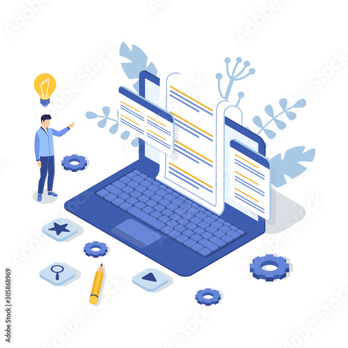 Customer support concept with laptop and man. Contact us. FAQ. Isometric Vector Illustration.