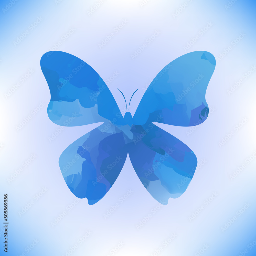 Fototapeta premium Blue watercolor butterfly on a soft blue background. Vector illustration