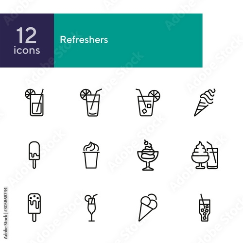 Refreshers line icon set. Cola, ice cream, lemonade. Drink concept. Can be used for topics like cafe, menu, food