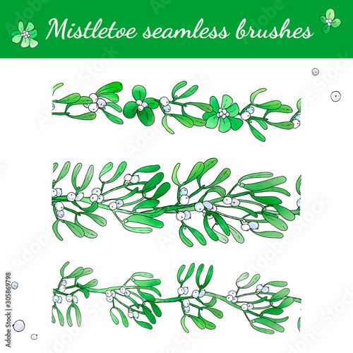 Collection of seamless christmas brushes from mistletoes. Vector set. For printed materials  prints  posters  cards  logo. Holiday background. Hand drawn decorative elements. 