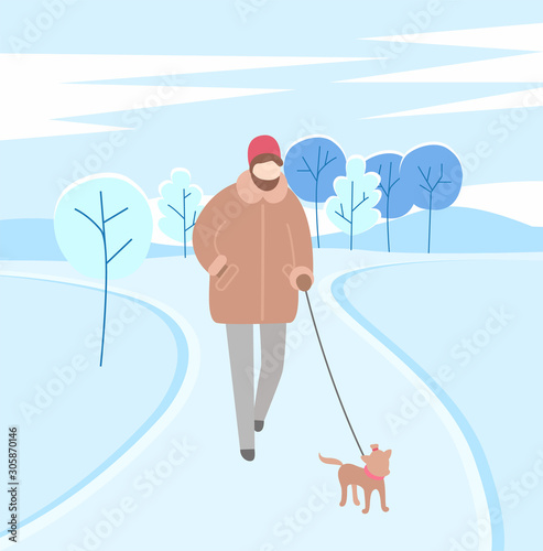 Person caring for pet walking dog on leash. Woman wearing warm clothes strolling street with small doggy. Snowy and frosty weather outside. Scenery with trees. Female character vector in flat
