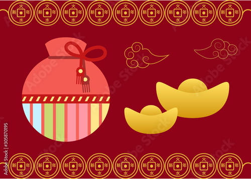 Lucky chinese sack and golden symbol  festive card in red color with frame decorated by colorful bag with cord. Fortune bag or pocket and holiday sign on card  celebration postcard with case vector