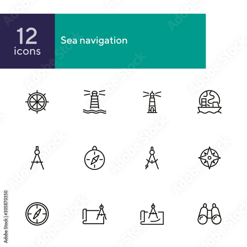 Sea navigation line icon set. Set of line icons on white background. Lighthouse, steering wheel, ship. Travel concept. Vector illustration can be used for topics like sea trip, tourism, cruise