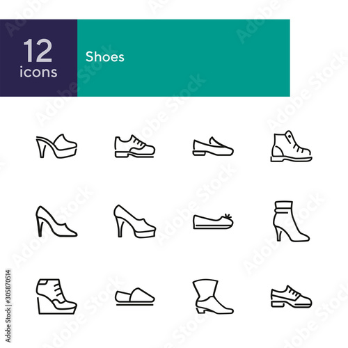 Shoes line icon set. Set of line icons on white background. Cowboy boot, espadrille, high heel shoes. Fashion concept. Vector illustration can be used for topics like clothing, fashion, shoes