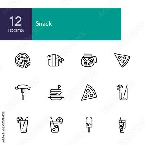 Snack line icons. Set of line icons on white background. Picnic concept. Pizza, cocktail, sausage. Can be used for topics like catering, food, barbeque