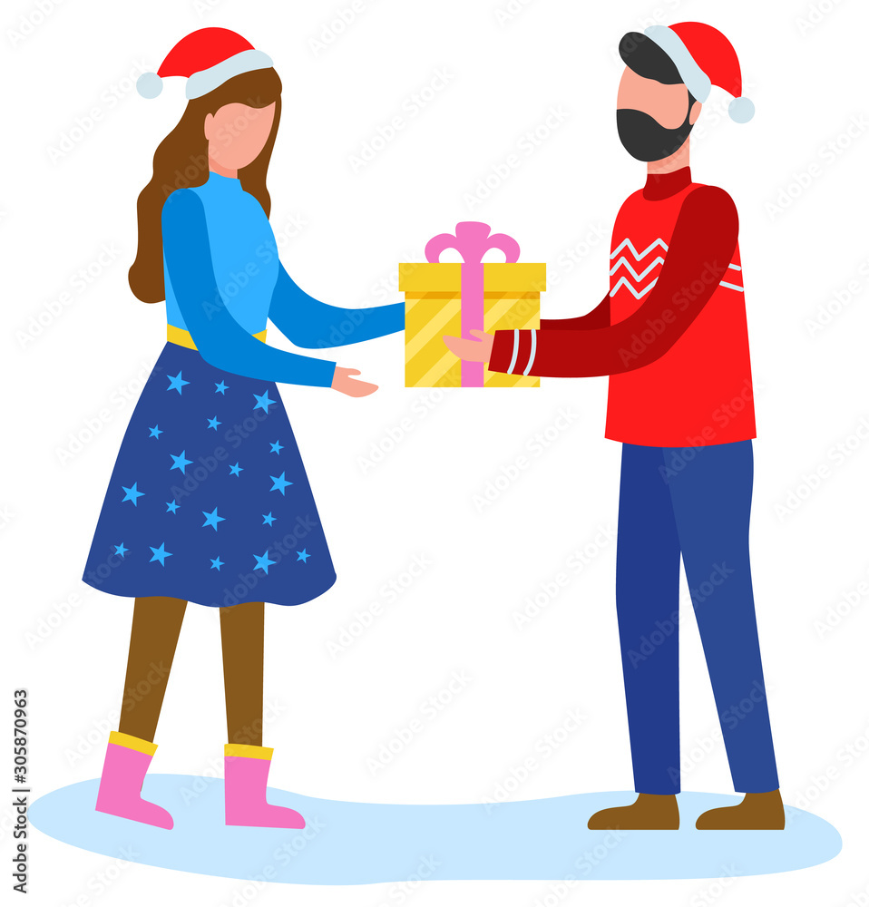Man gives woman present in yellow box tied with pink ribbon. People happy to greet each other with gifts with winter holiday. People in red hats, traditional christmas decor. Vector flat illustration Man gives woman present in yellow box tied with pink ribbon. People happy to greet each other with gifts with winter holiday. People in red hats, traditional christmas decor. Vector flat illustration
