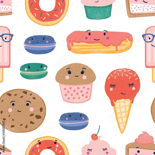 Desserts seamless pattern. Sweets and treats colorful backdrop. Cute donuts, popsicles, cupcakes, macaroons and chocolate cookies on white background. Sweet wrapping paper flat vector design.