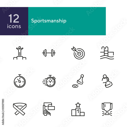 Sportsmanship line icon set. Swimming pool, winner, weight barrel. Sport concept. Can be used for topics like fitness, leadership, healthy lifestyle