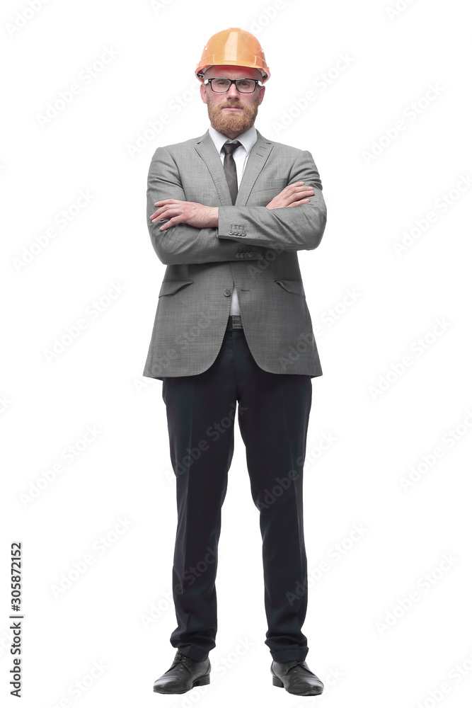confident businessman in a protective helmet . isolated on white confident businessman in a protective helmet . isolated on white
